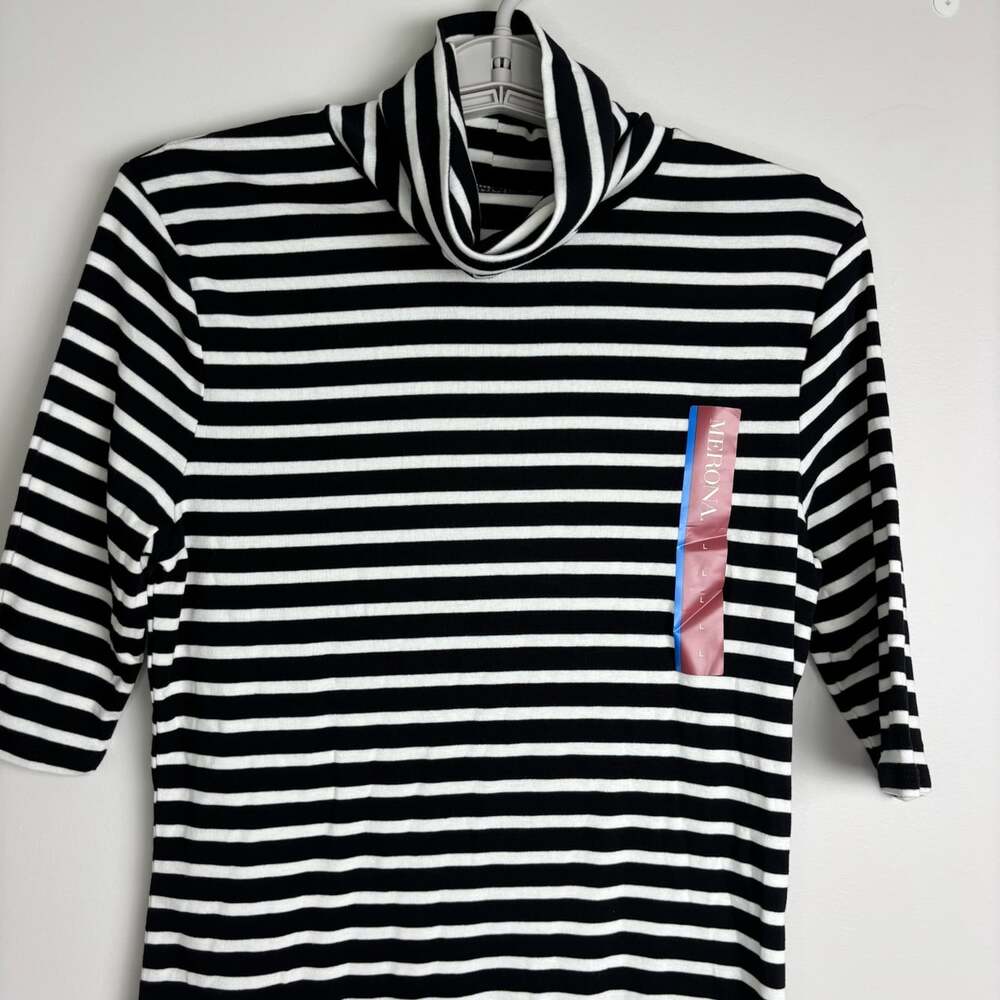MERONA NEW Elbow Sleeve Striped Turtleneck Womens L Black Cream Stretch Knit